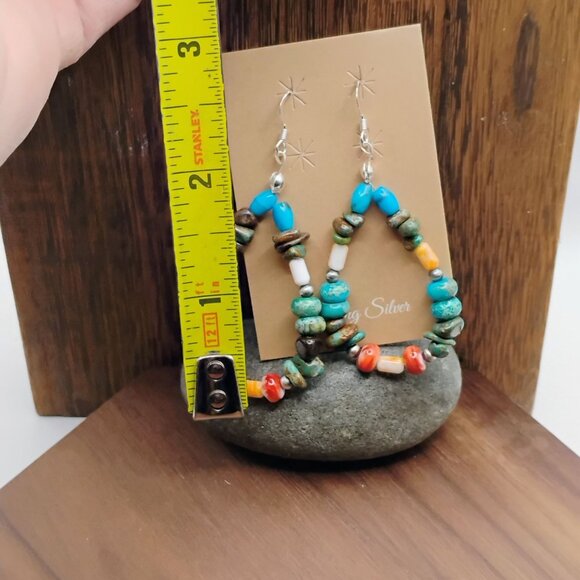 Southwest Beaded Turquoise Coral Hoop Earrings Dangle Sterling Silver 2.5" Long - Picture 3 of 3